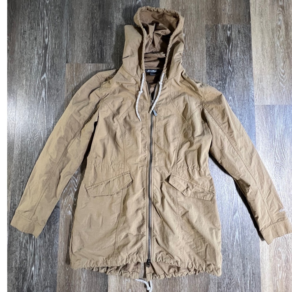 Eddie Bauer Hooded Parka Jacket Womens M Tan Khaki Full Zip Mesh Lined Utility